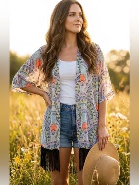 STEVE MADDEN NEON AZTEC FRINGE KIMONO O/S
